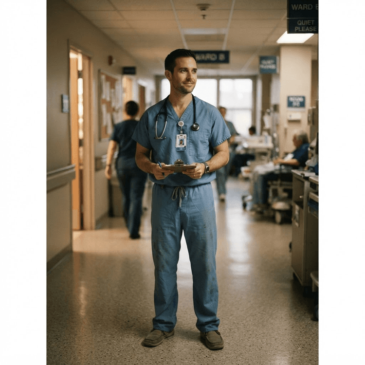 Liam earlier in his career, working in medicine
